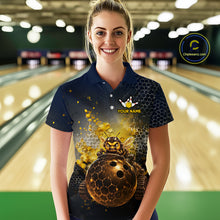 Load image into Gallery viewer, Woman wearing custom black &amp; gold funny bee bowling polo shirt, front view mockup, personalized bowling league jersey.