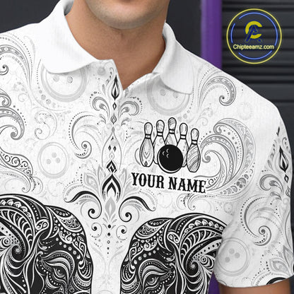 Close-up collar view of custom black & white tribal elephant bowling polo shirt with personalized name detail.