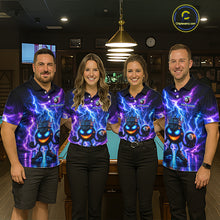 Load image into Gallery viewer, Four people wearing matching colorful shirts in a billiard room setting.