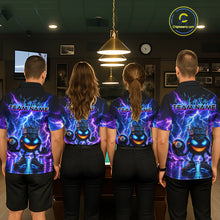 Load image into Gallery viewer, Four people wearing matching team-themed shirts in a room with a pool table.