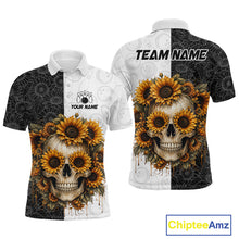 Load image into Gallery viewer, Polo shirt with skull and sunflower design on a black and white background