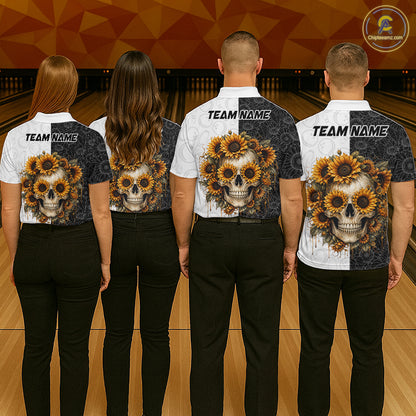 Four people wearing bowling shirts with skull and sunflower designs on a bowling alley.