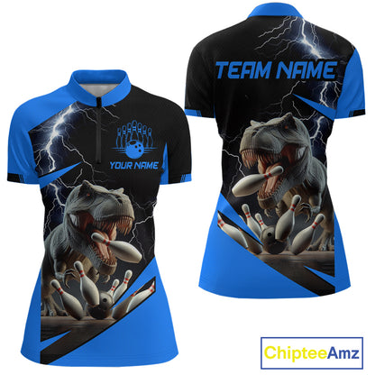 Custom short-sleeve bowling-themed quarter-zip jersey shown from the front and back. The design features a black body with bright blue sleeves, collar, and side panels, decorated with a graphic of a roaring T-rex biting bowling pins under lightning bolts.