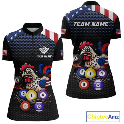 Custom Funny American Flag Chicken Billiard Shirt for Women Billiard Jersey Polo & Quarter-Zip Pool Shirt BHT28