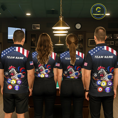 Custom Funny American Flag Chicken Billiard Shirt for Men Billiard Jersey Polo & Quarter-Zip Pool Shirt BHT28
