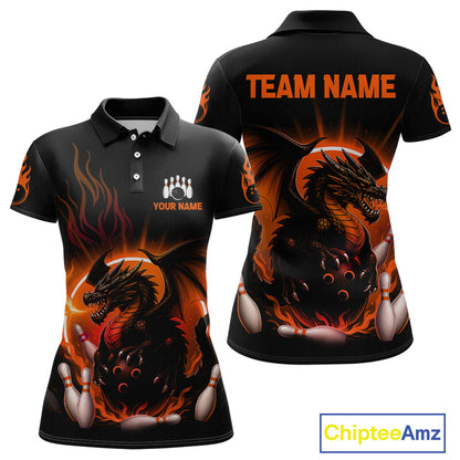 Black short-sleeve polo shirt shown from front and back, featuring a large fiery dragon graphic in orange, red, and white, with customizable text areas on the chest and back reading TEAM NAME and YOUR NAME. A ChipteeAmz logo appears in the bottom right corner.