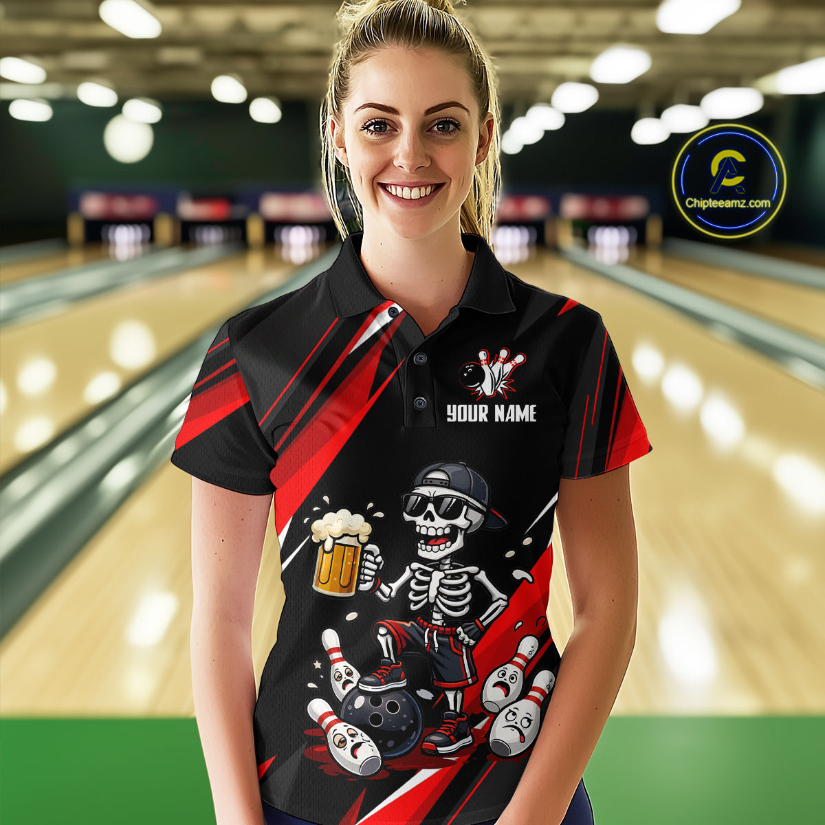 Funny Skeleton & Beer Bowling Shirt Custom Red Bowling Jersey Polo & 1/4 Zip Outfit for Women QZT830