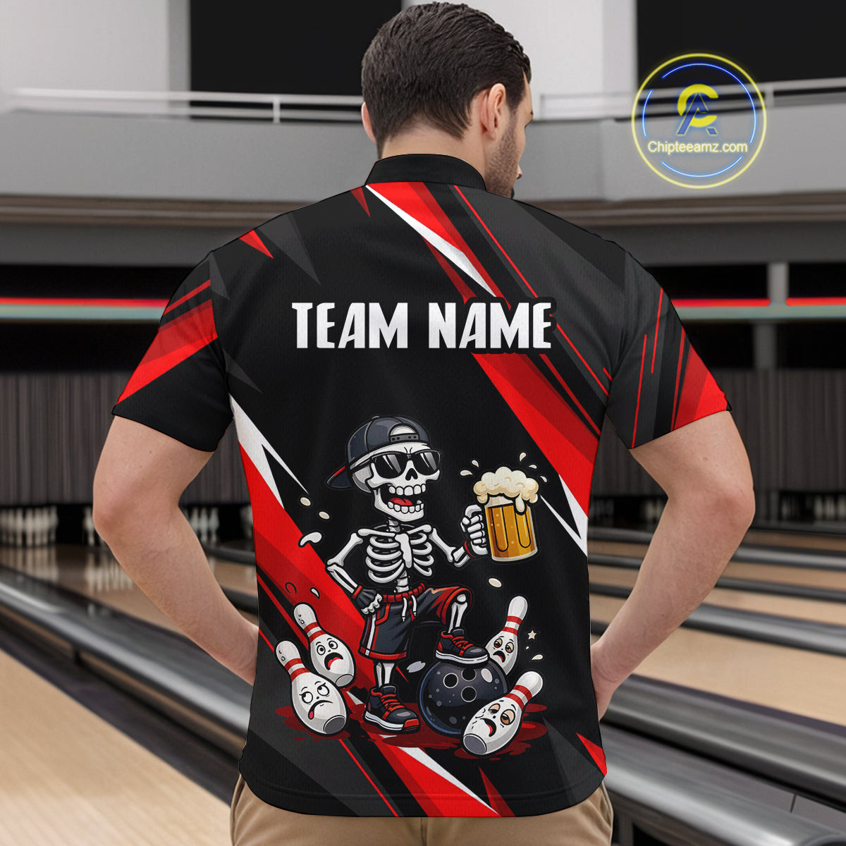 Funny Skeleton & Beer Bowling Shirt Custom Red Bowling Jersey Polo & 1/4 Zip Outfit for Men QZT830