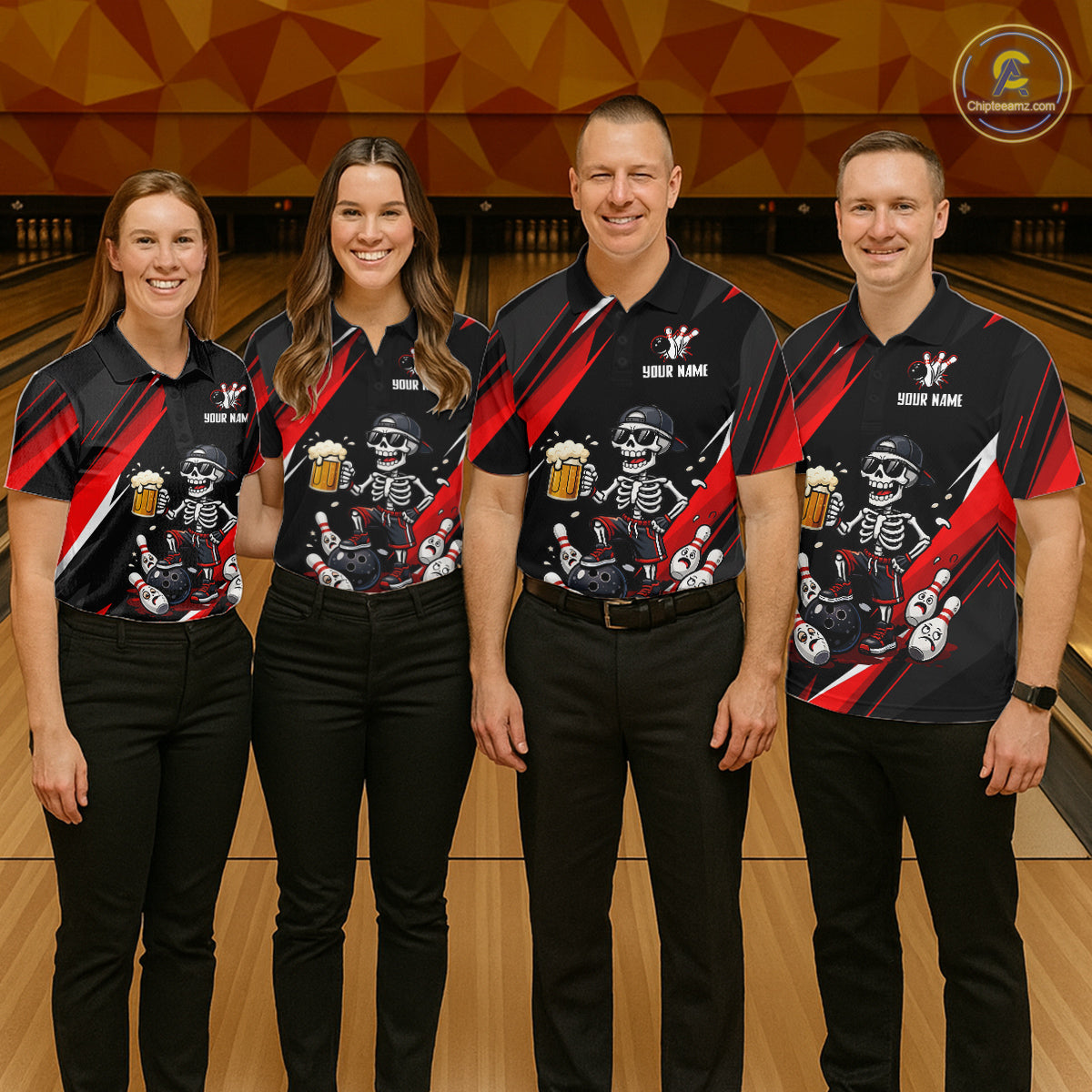 Funny Skeleton & Beer Bowling Shirt Custom Red Bowling Jersey Polo & 1/4 Zip Outfit for Men QZT830