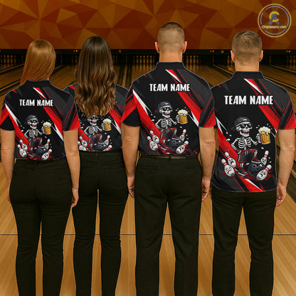 Funny Skeleton & Beer Bowling Shirt Custom Red Bowling Jersey Polo & 1/4 Zip Outfit for Men QZT830