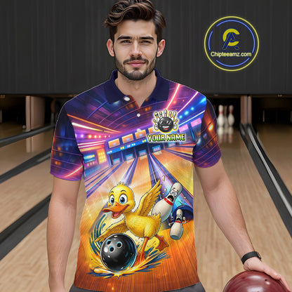 Man wearing a colorful bowling-themed shirt with a duck graphic in a bowling alley.