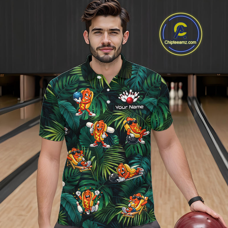 Man wearing a tropical-themed bowling shirt with a personalized name tag in a bowling alley.