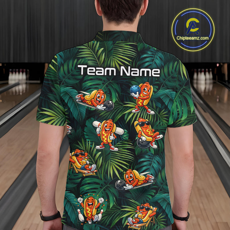Person wearing a tropical-themed shirt with cartoon characters in a bowling alley.