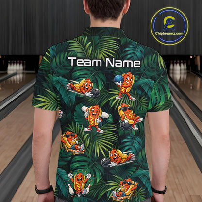 Person wearing a tropical-themed shirt with cartoon characters in a bowling alley.