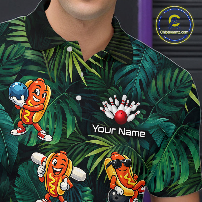 Shirt with cartoon hot dogs and bowling elements on a tropical leaf pattern, featuring 'Chiptleemz.com' logo.