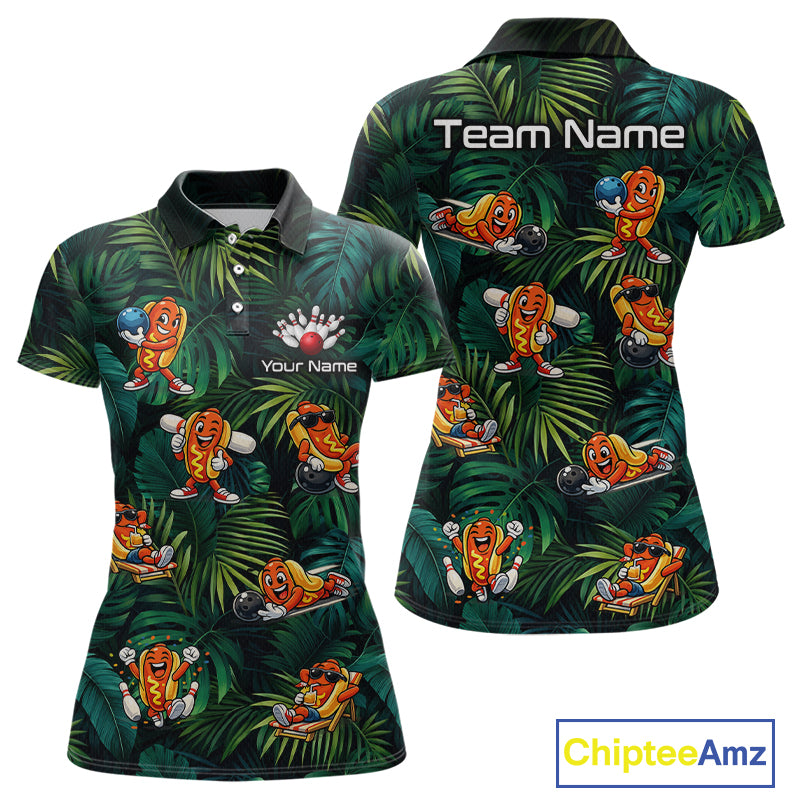 Polo shirt with cartoon character design on a tropical leaf pattern, customizable with team name and personalization.