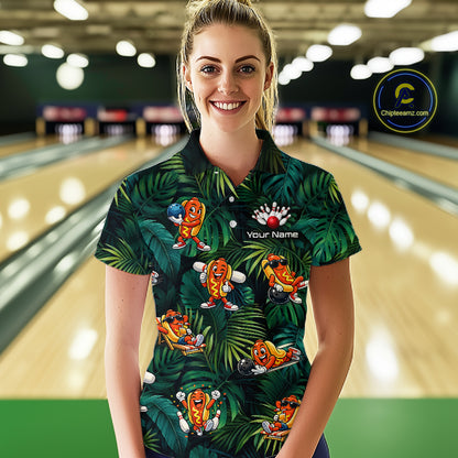 Woman wearing a colorful bowling shirt with cartoon characters in a bowling alley.