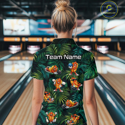 Person wearing a tropical-themed shirt with cartoon characters in a bowling alley.