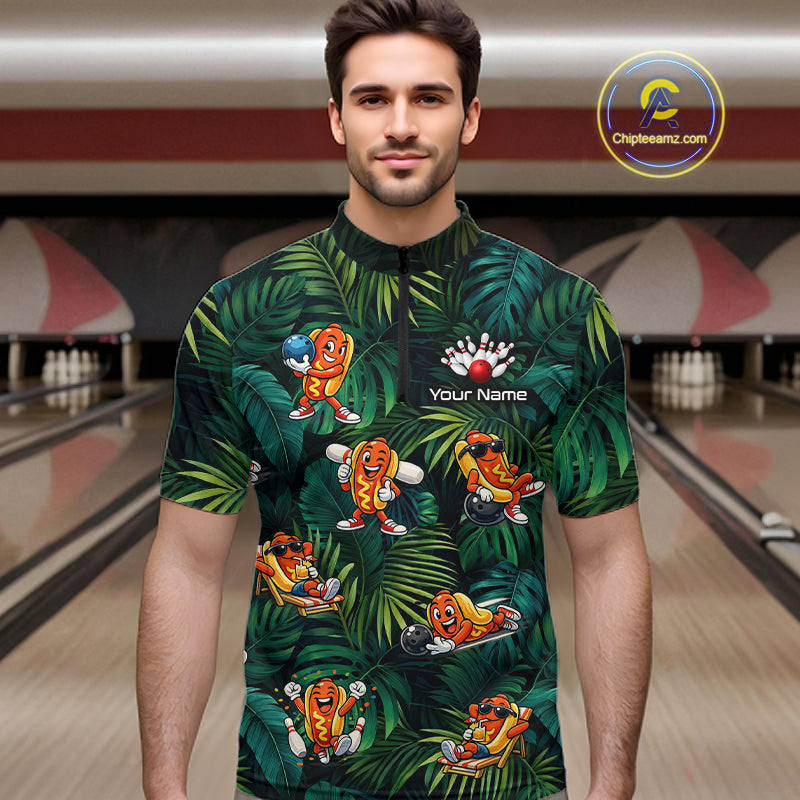 Man wearing a colorful bowling shirt with cartoon characters in a bowling alley.