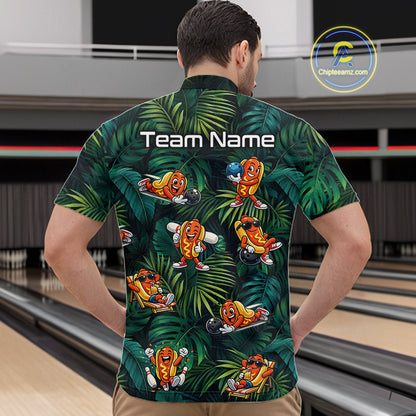 Person wearing a colorful bowling shirt with cartoon characters and 'Team Name' text, standing in a bowling alley.