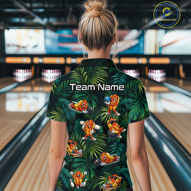 Person wearing a tropical-themed shirt with cartoon characters in a bowling alley.