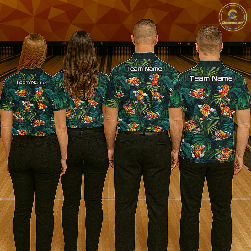 Four people wearing matching bowling shirts with a team name on a bowling alley.