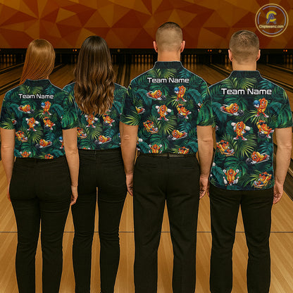 Four people wearing matching bowling shirts with a team name on a bowling alley.