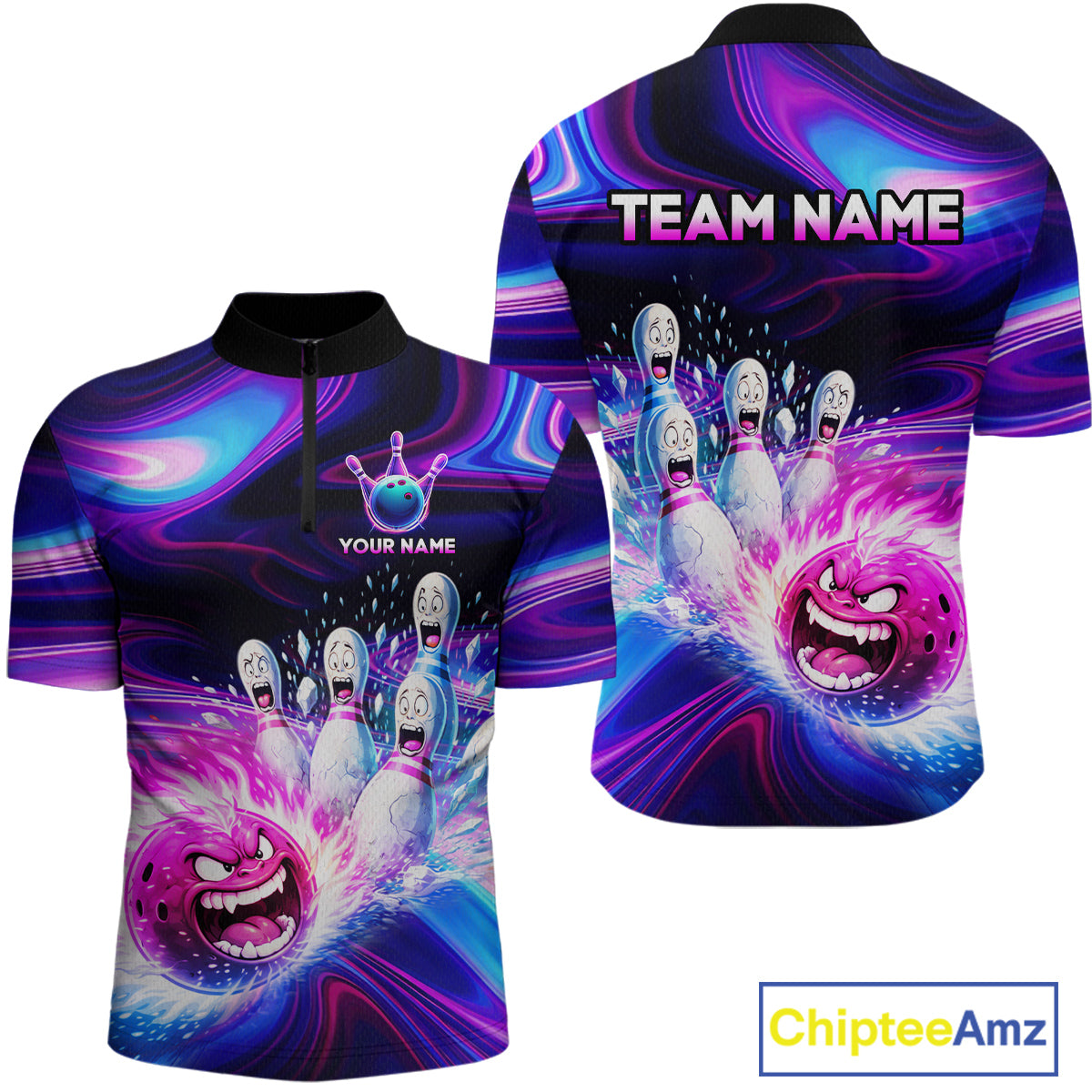 Custom Purple Blue Crazy Bowling Shirt for Men Polo & 1/4-Zip Bowling League Outfit QZT831