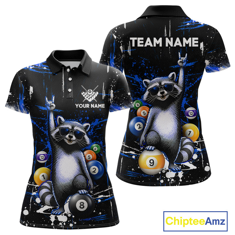 Polo shirt with raccoon design and pool balls, customizable with team name and player name, brand 'Chiptee Amz' visible.