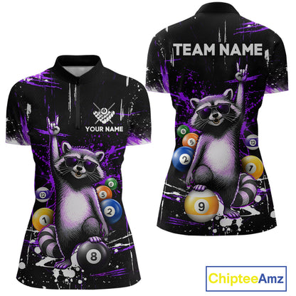 Black quarter-zip shirt with a raccoon design holding pool balls, customizable text, and Chiptee Amz branding.