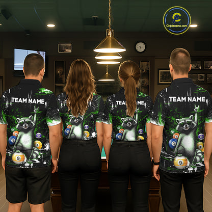Four people wearing matching shirts with a raccoon design and 'TEAM NAME' text in a casual setting.