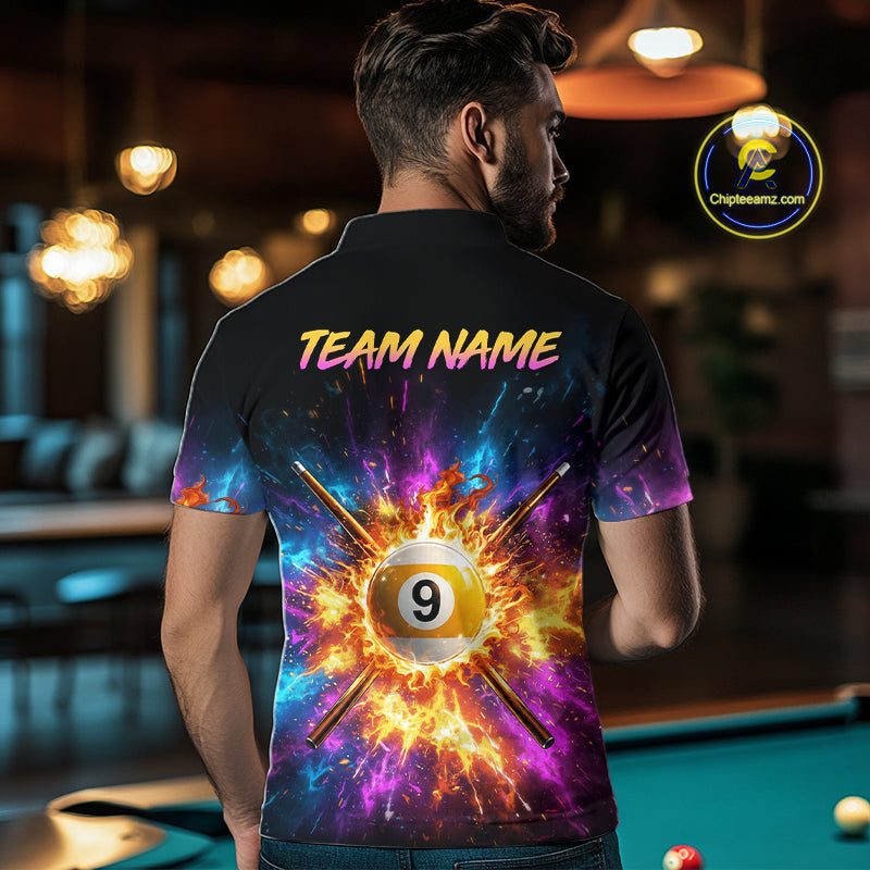 Person wearing a colorful shirt with a pool ball design and 'Team Name' text, in a bar setting.