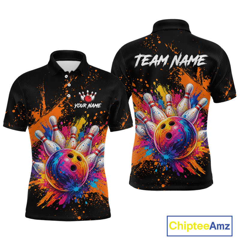 Front and back views of a black short-sleeve polo shirt with a colorful bowling-themed graphic print. The design features a large bowling ball and pins design on the front, and 'TEAM NAME' with a customizable name graphic on the back.