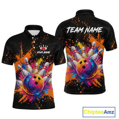 Front and back views of a black short-sleeve polo shirt with a colorful bowling-themed graphic print. The design features a large bowling ball and pins design on the front, and 'TEAM NAME' with a customizable name graphic on the back.