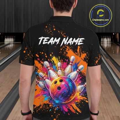 A man viewed from behind wearing a black short-sleeve polo shirt with a large bowling-themed graphic on the back. The design features a colorful bowling ball and pins surrounded by bright paint splatters, with the text 'TEAM NAME' printed above.