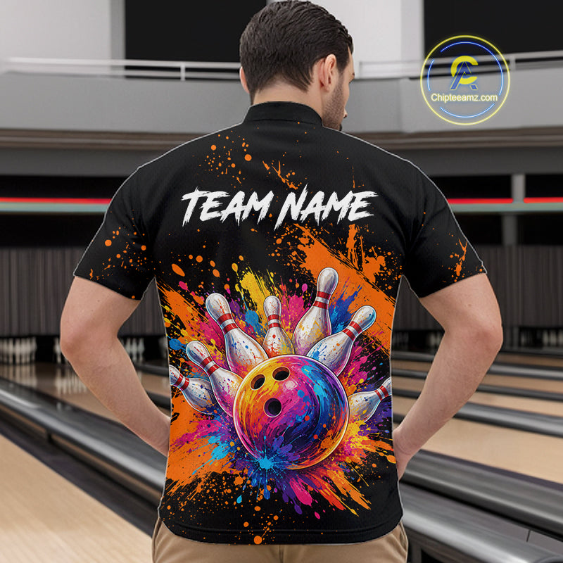 A man viewed from behind wearing a black short-sleeve bowling-themed shirt with a colorful bowling ball and pins graphic on the back, white 'TEAM NAME' text