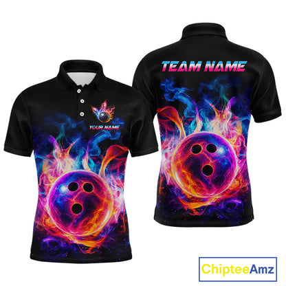 Black short-sleeve polo shirt shown from the front and back, featuring a vivid neon bowling ball and flame graphic in purple, blue, pink, and orange. The front has a small chest logo with placeholder text, and the back has large 'TEAM NAME' text across the shoulders.