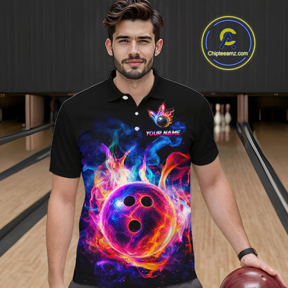 A man wearing a black short-sleeve polo shirt with a vibrant, colorful graphic of a glowing bowling ball surrounded by flames. The shirt features a custom name placeholder.