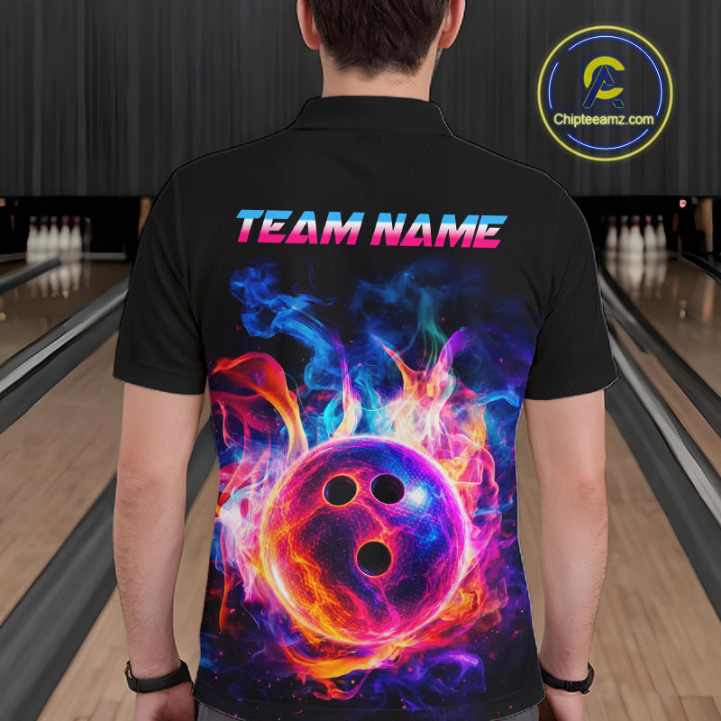 A man viewed from behind wearing a black short-sleeve polo shirt with a large colorful bowling-themed graphic on the back. The design features the text 'TEAM NAME' in pink and blue above a glowing bowling ball surrounded by neon flames in purple, blue, orange, and yellow.