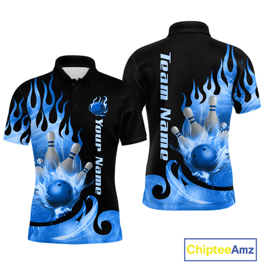 Blue Flame Bowling Team Shirt for Men Bowling League Jersey Polo & 1/4 Zip Bowling Outfit QZT782