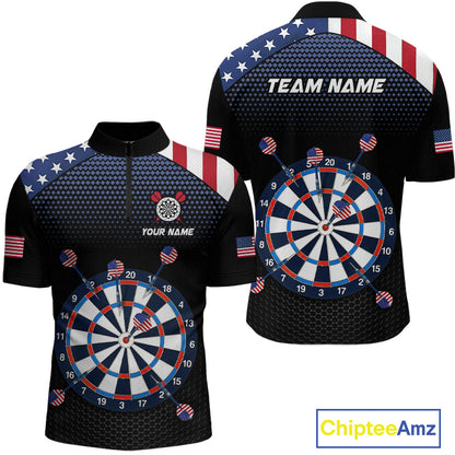 Front and back view of a custom patriotic dart quarter zip featuring an American flag dartboard graphic with personalized team name and player name.