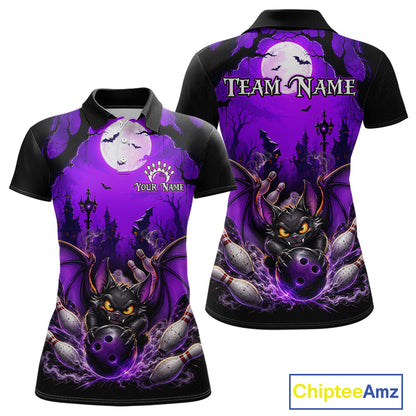 Custom short-sleeve polo shirt shown from the front and back, featuring a purple and black Halloween theme with a bat, full moon, and bowling pins. Includes customizable text placeholders 'TEAM-NAME' and 'YOUR NAME'.