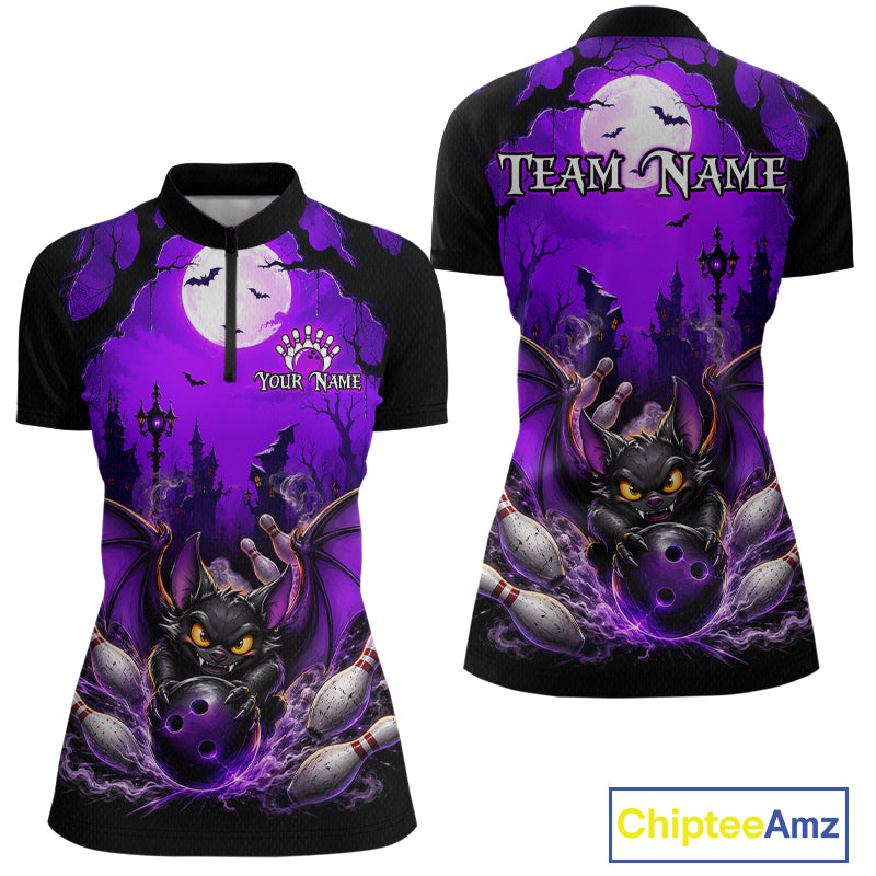 Front and back views of a women's short-sleeve polo shirt with a Halloween-themed bowling graphic. The design features a purple spooky sky, full moon, bats, haunted trees, bowling pins, and customizable text reading 'TEAM NAME' and 'YOUR NAME'.