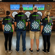 Load image into Gallery viewer, Back view of four people in a sports bar wearing matching custom darts team polo shirts with an green American flag design, a dartboard graphic, and 'TEAM NAME' text.