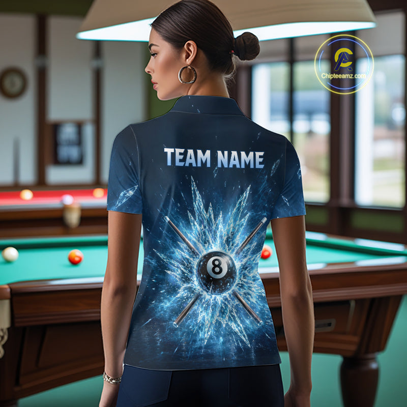 Back view of custom ice billiard polo shirt with 8 ball Frozen Pool design, billiard‑themed background