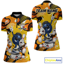 Load image into Gallery viewer, Colorful bowling-themed shirt with cartoon characters and customizable text on a white background.