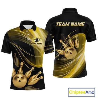Black and gold bowling-themed polo shirt with customizable text on a white background