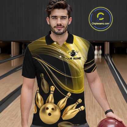 Man wearing a custom bowling shirt with a bowling ball and pins design in a bowling alley.