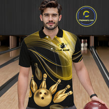 Load image into Gallery viewer, Man wearing a custom bowling shirt with a bowling ball and pins design in a bowling alley.