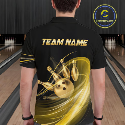 Person wearing a black bowling shirt with gold graphics and 'TEAM NAME' text in a bowling alley.